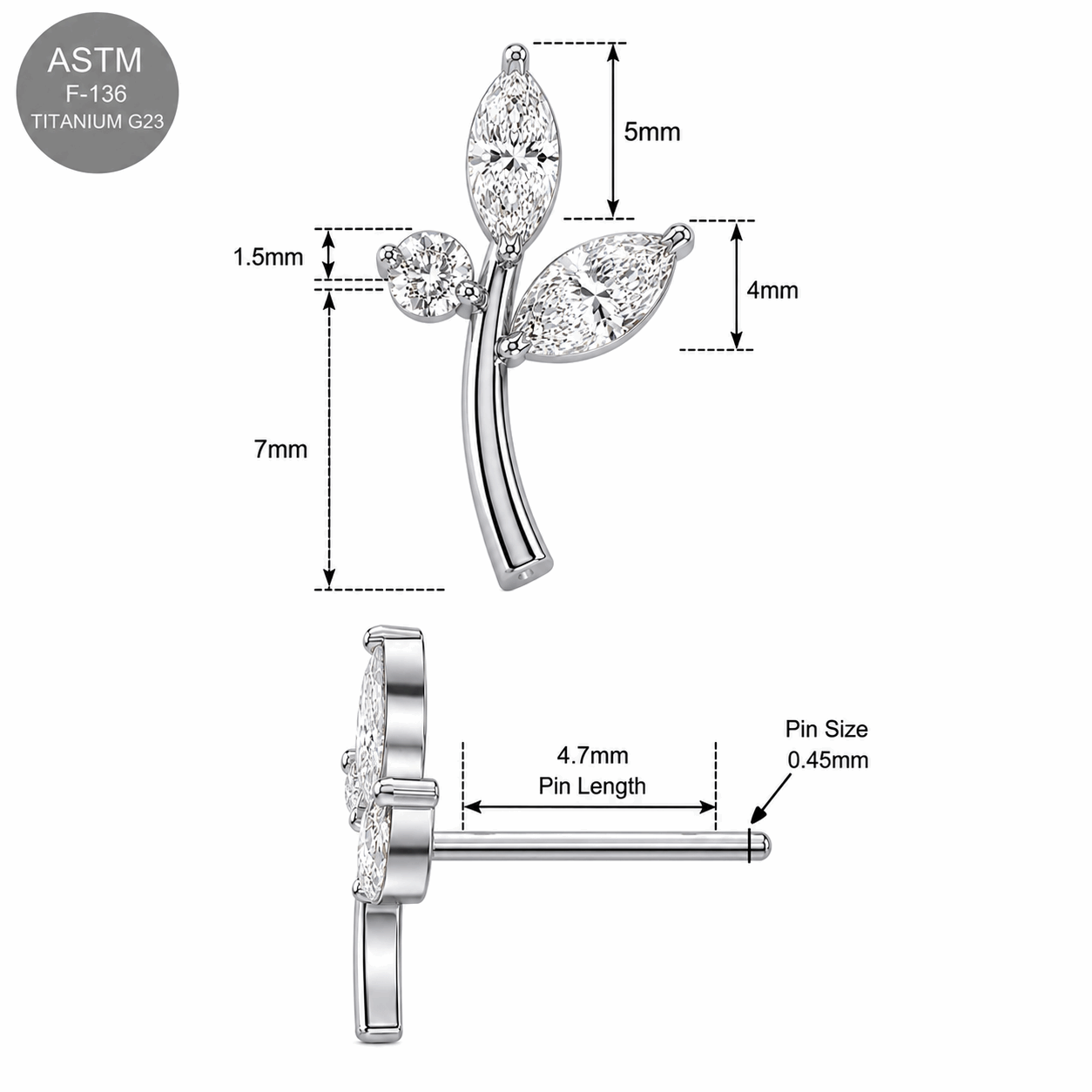G23 Titanium CZ Leaf Threadless Pin Top – 18G & 16G Compatible