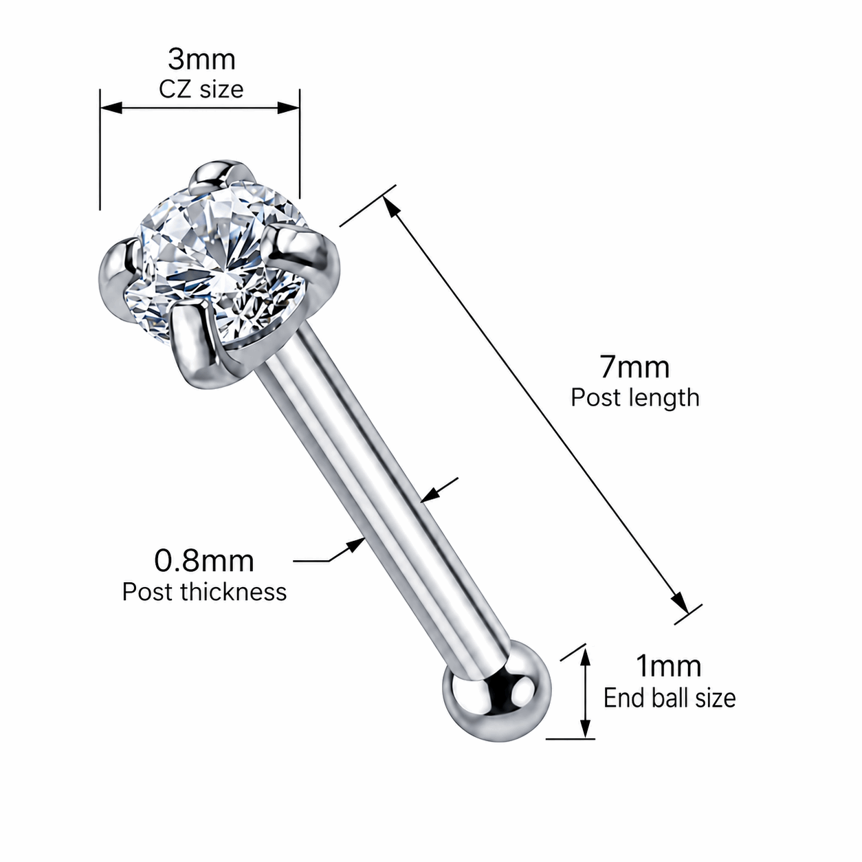 316L Surgical Steel CZ Nose Bone Stud – 20G (0.8mm) 7mm