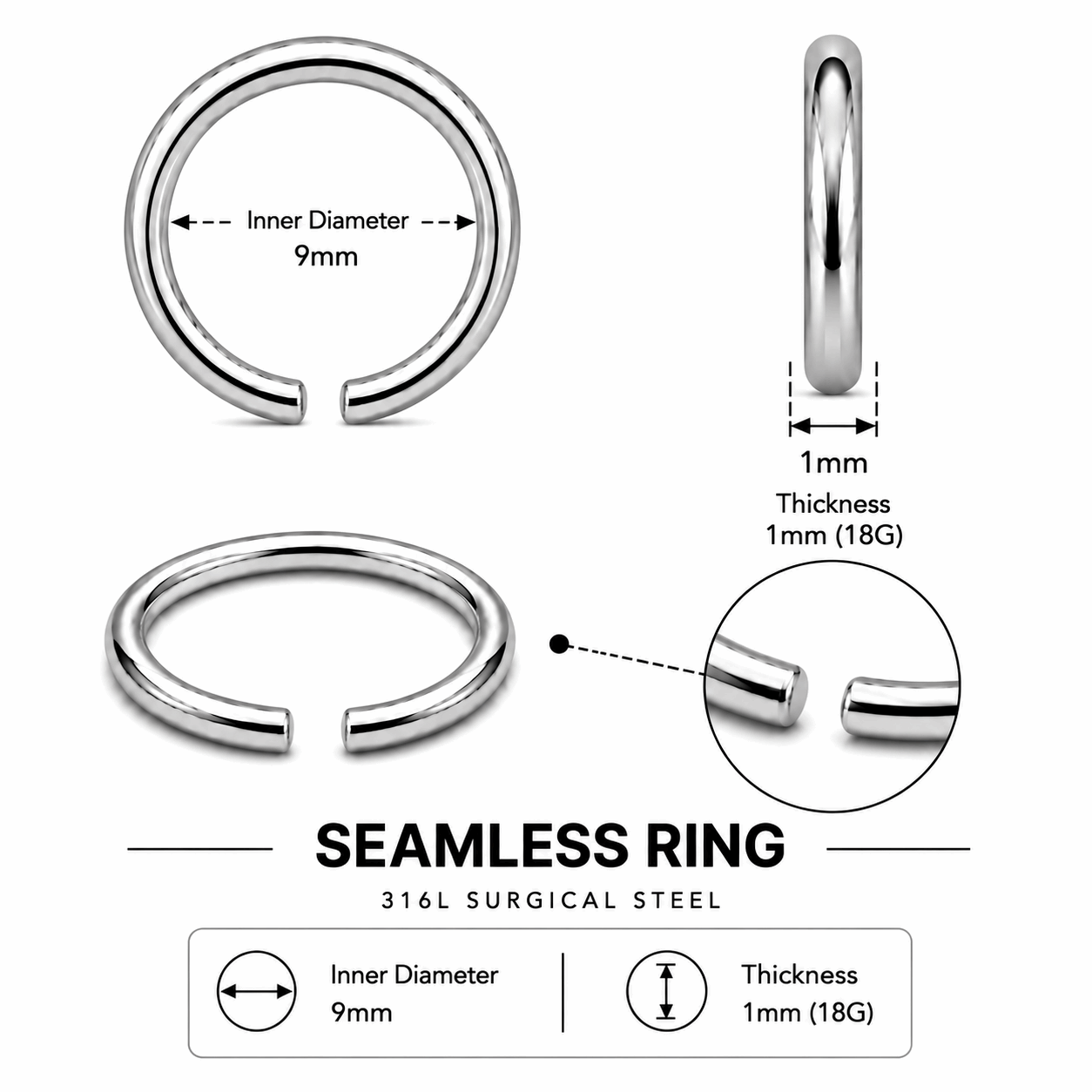 316L Surgical Steel Nose Hoop Ring – 22G to 16G