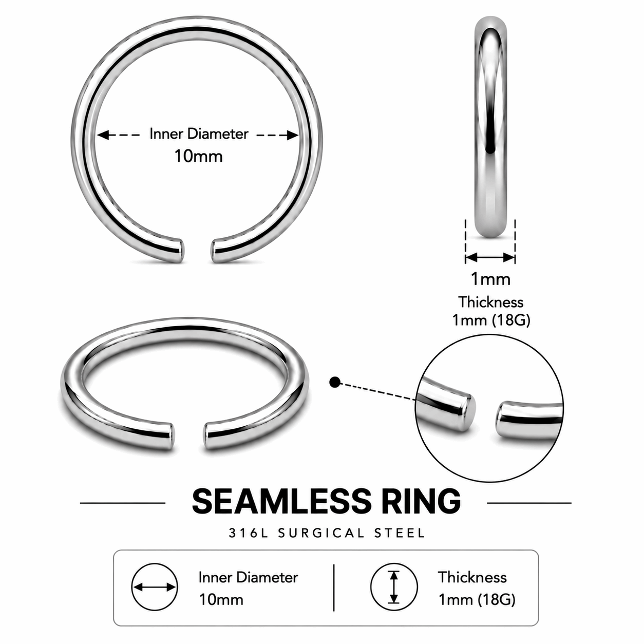 316L Surgical Steel Nose Hoop Ring – 22G to 16G