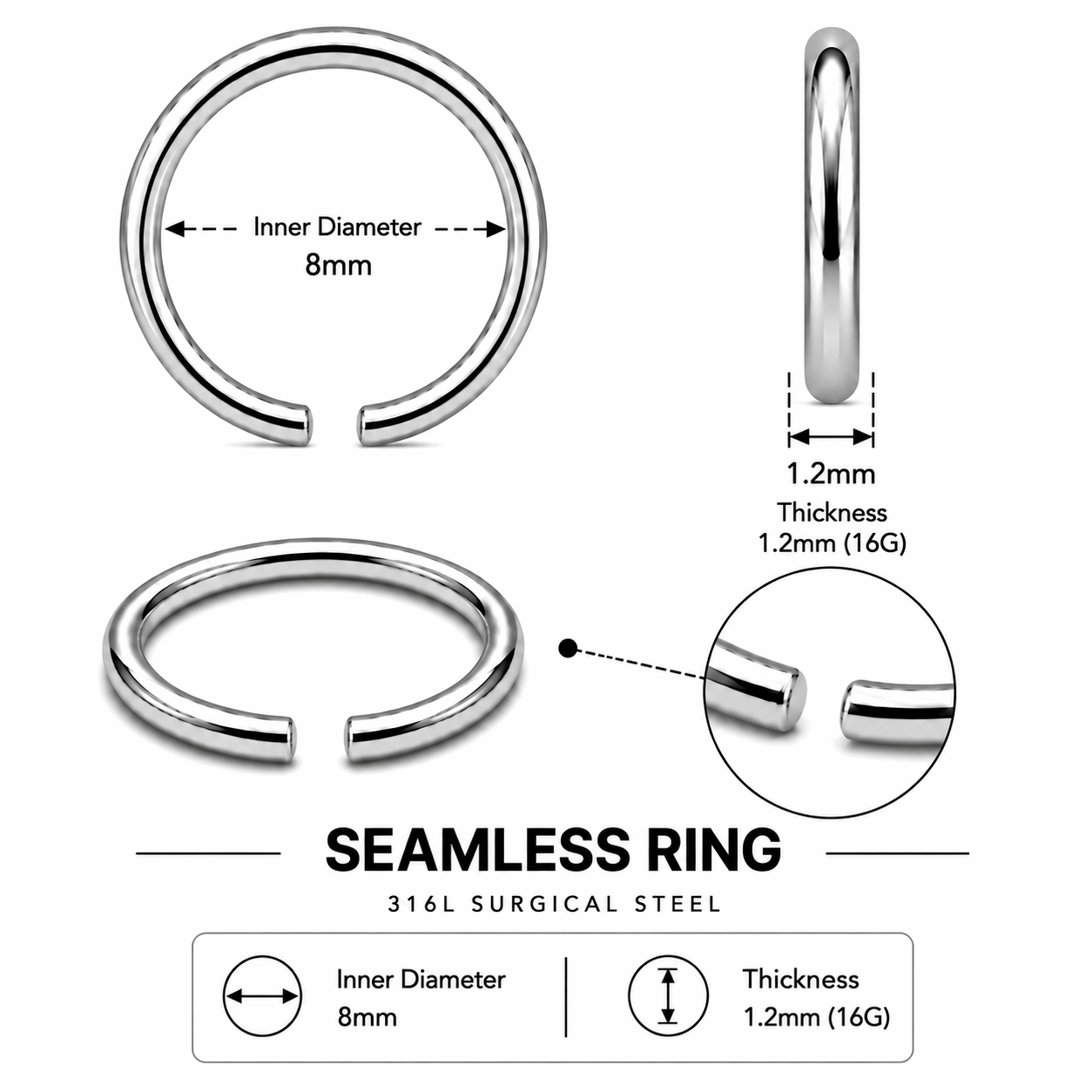 316L Surgical Steel Nose Hoop Ring – 22G to 16G