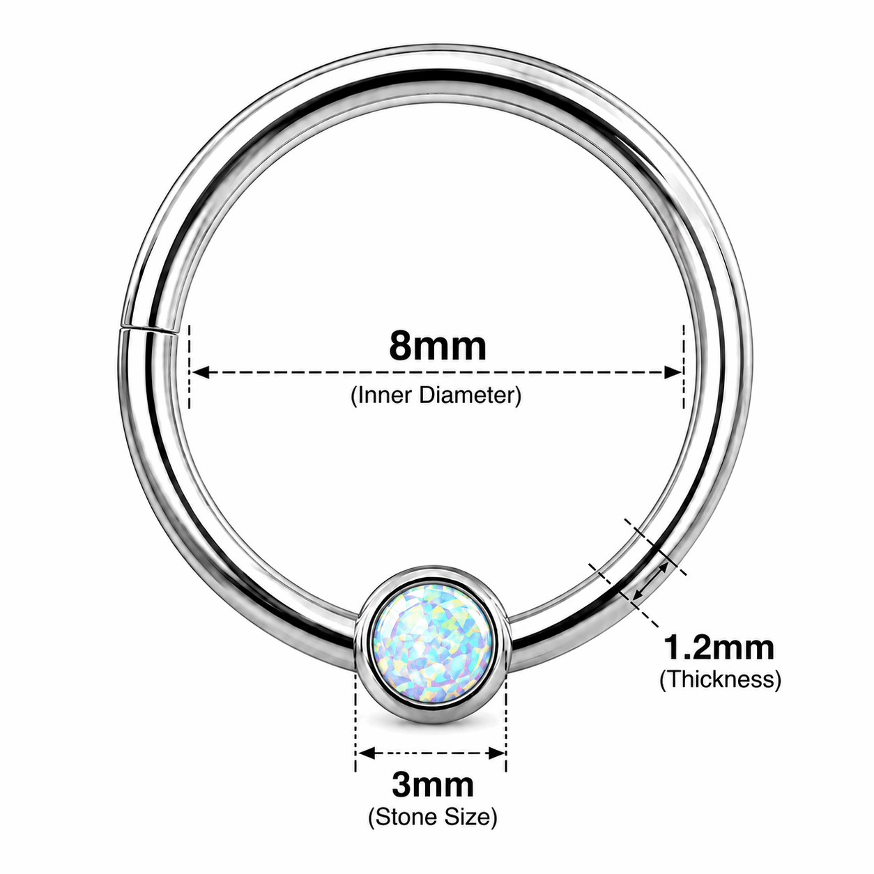 Bezel-Set Opal Hinged Segment Clicker Ring – 16G (1.2mm) 8mm