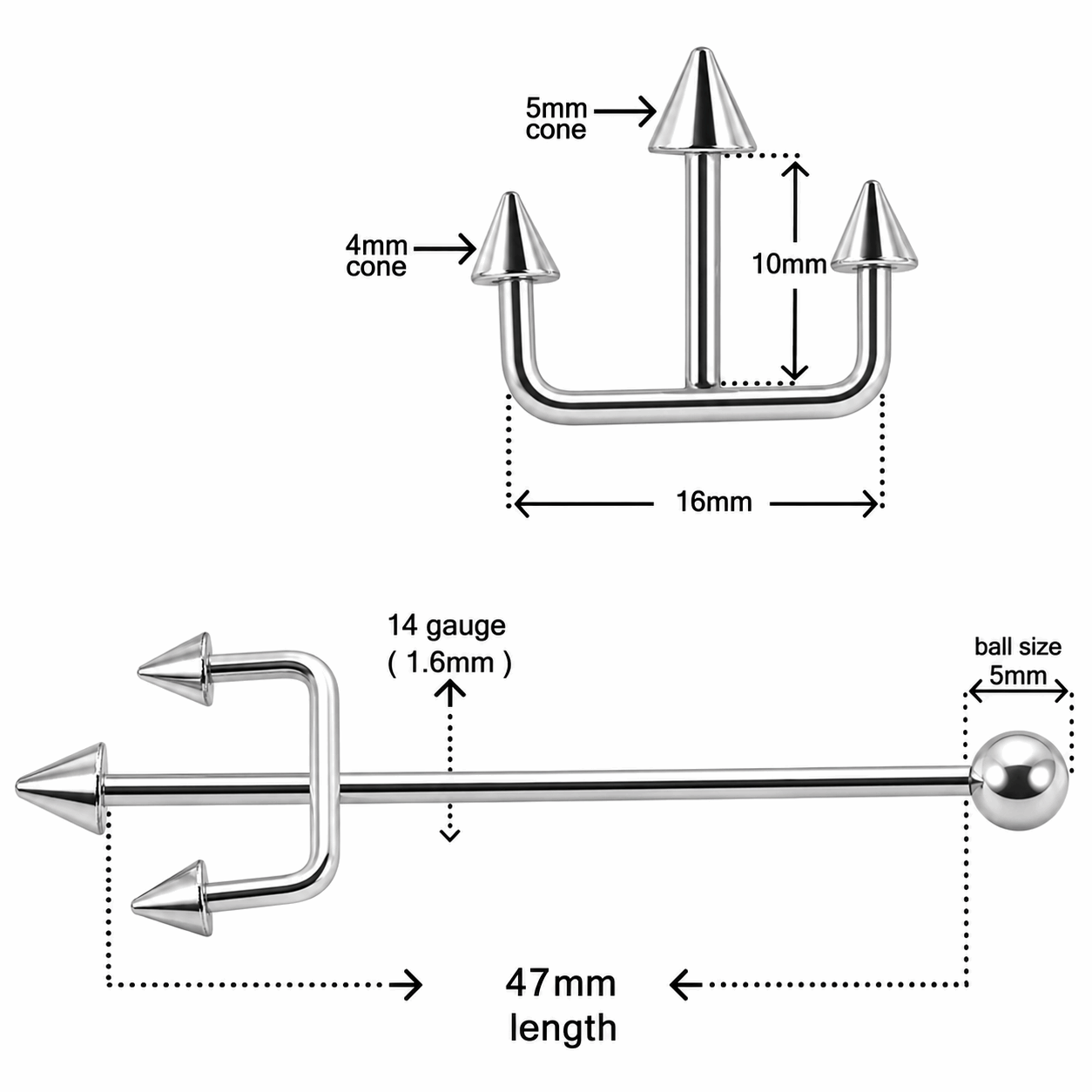 316L Surgical Steel Trident Industrial Barbell – 14G (1.6mm) 47mm