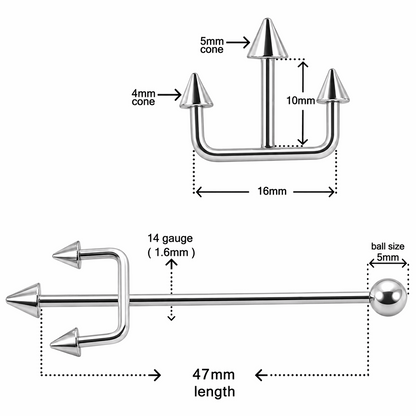 316L Surgical Steel Trident Industrial Barbell – 14G (1.6mm) 47mm