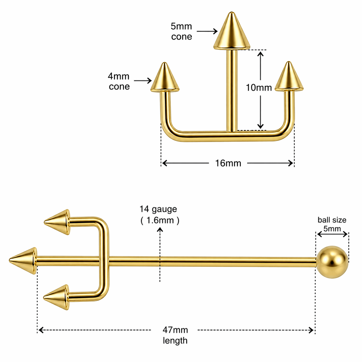 316L Surgical Steel Trident Industrial Barbell – 14G (1.6mm) 47mm