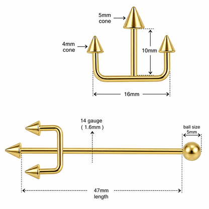 316L Surgical Steel Trident Industrial Barbell – 14G (1.6mm) 47mm