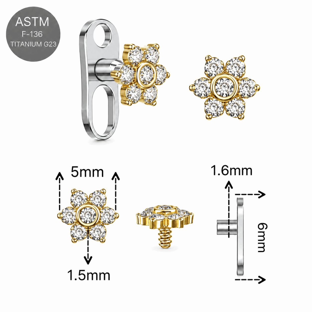 G23 Titanium 7 Petal Flower Dermal Anchor – 14G (1.6mm)