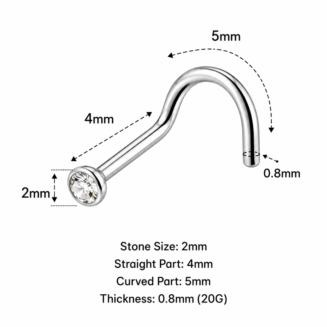 316L Surgical Steel Jeweled Bent Nose Screw – 20G (0.8mm)