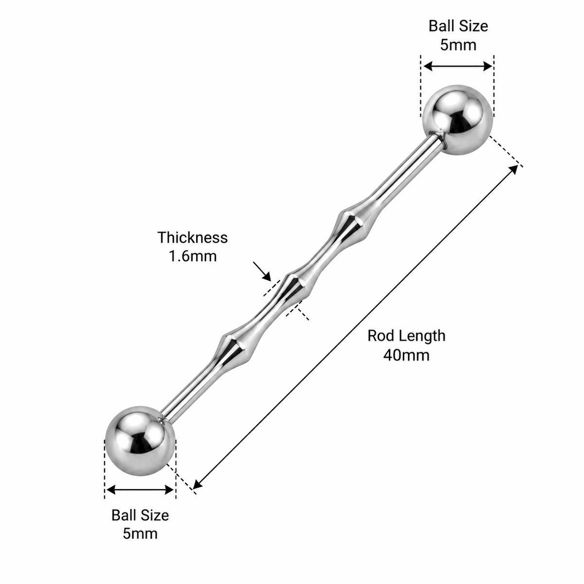 316L Surgical Steel Tri Bumper Centre Industrial Barbell – 14G (1.6mm) 40mm