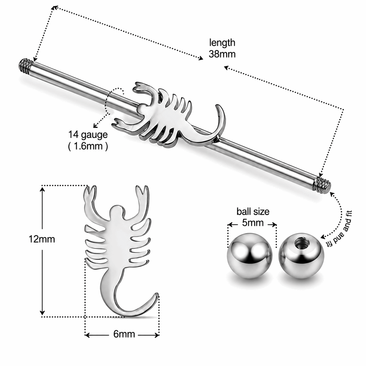 316L Surgical Steel Scorpion Industrial Barbell – 14G (1.6mm) 38mm