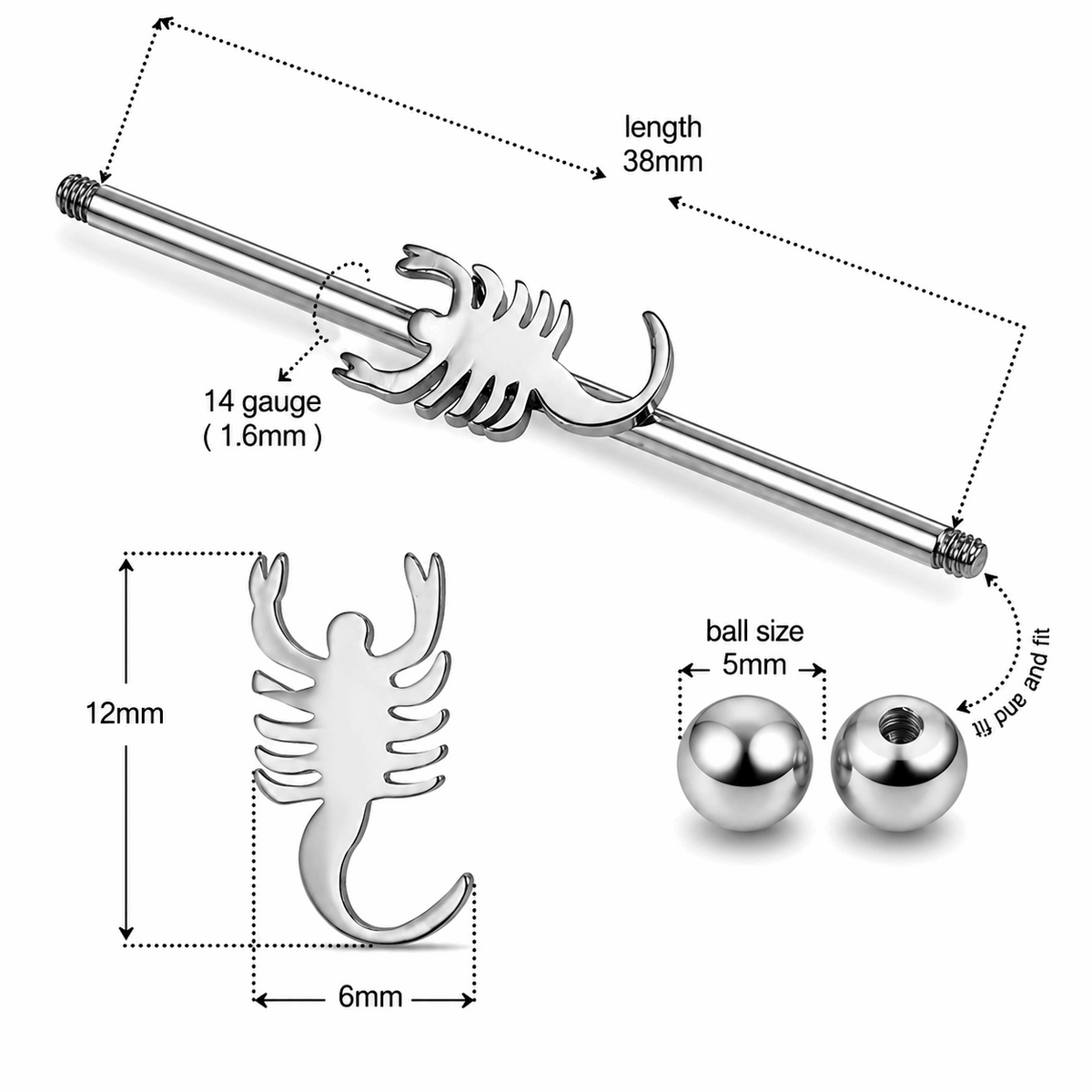 316L Surgical Steel Scorpion Industrial Barbell – 14G (1.6mm) 38mm
