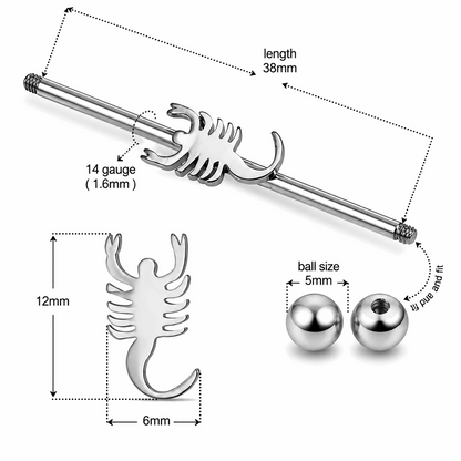 316L Surgical Steel Scorpion Industrial Barbell – 14G (1.6mm) 38mm