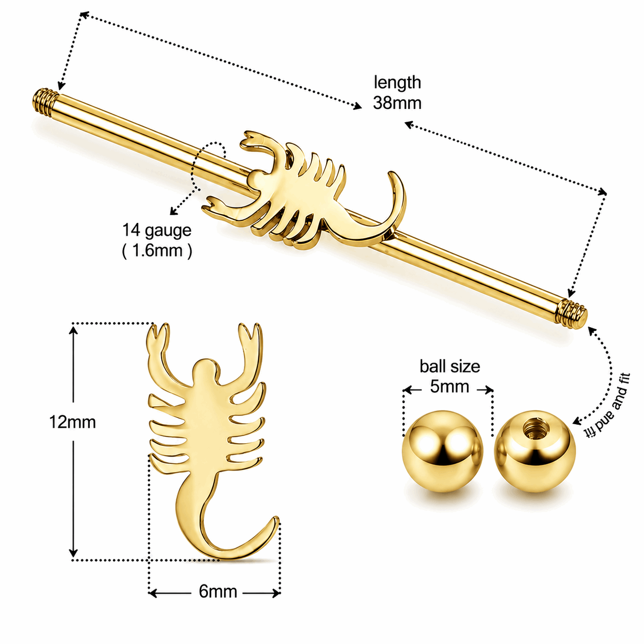 316L Surgical Steel Scorpion Industrial Barbell – 14G (1.6mm) 38mm