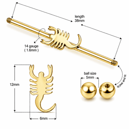 316L Surgical Steel Scorpion Industrial Barbell – 14G (1.6mm) 38mm