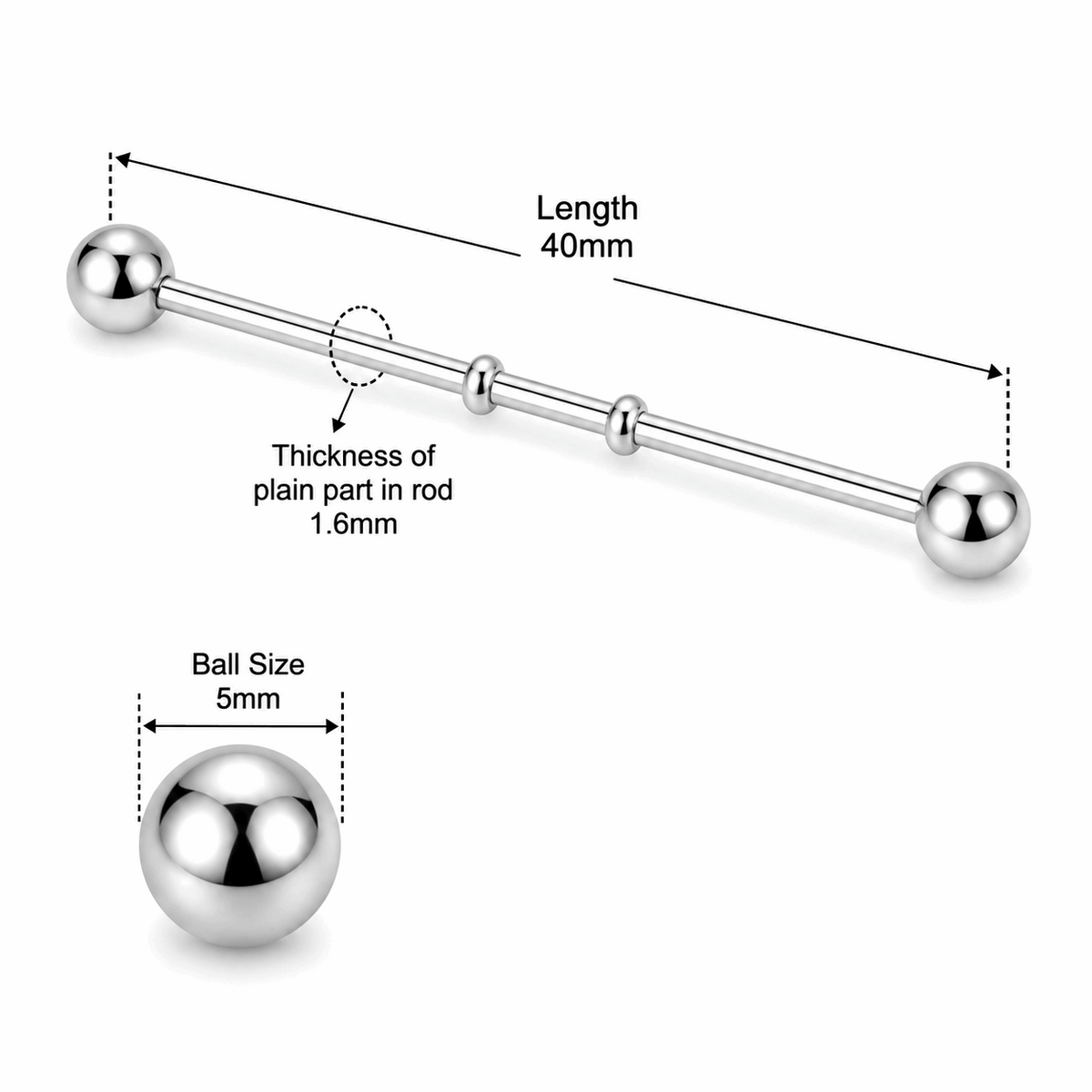 316L Surgical Steel Notched Industrial Barbell – 14G (1.6mm) 40mm