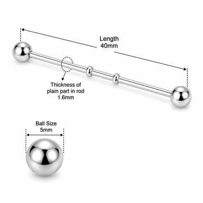 316L Surgical Steel Notched Industrial Barbell – 14G (1.6mm) 40mm