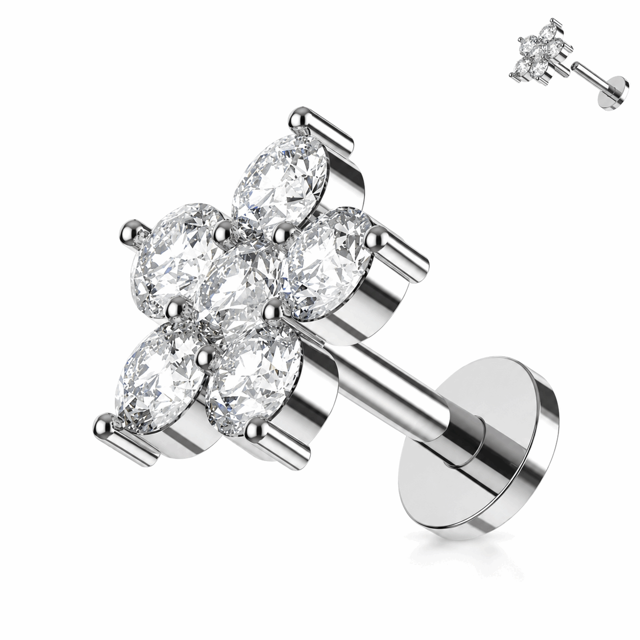 316L Surgical Steel CZ Petal Flat Back Labret Stud – 16G (1.2mm)