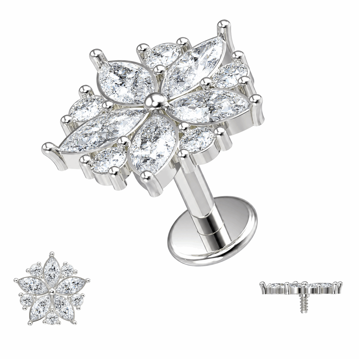 316L Surgical Steel CZ Floral Flakes Internally Threaded Flat Back Labret – 16G (1.2mm)