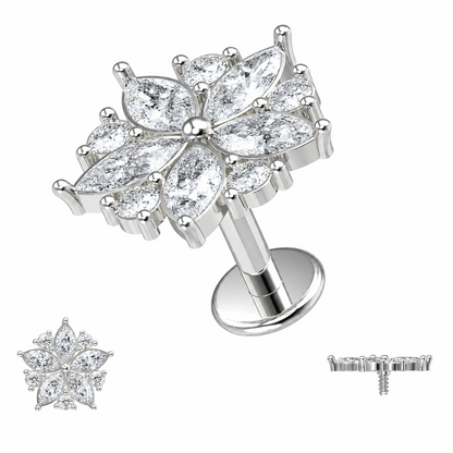 316L Surgical Steel CZ Floral Flakes Internally Threaded Flat Back Labret – 16G (1.2mm)