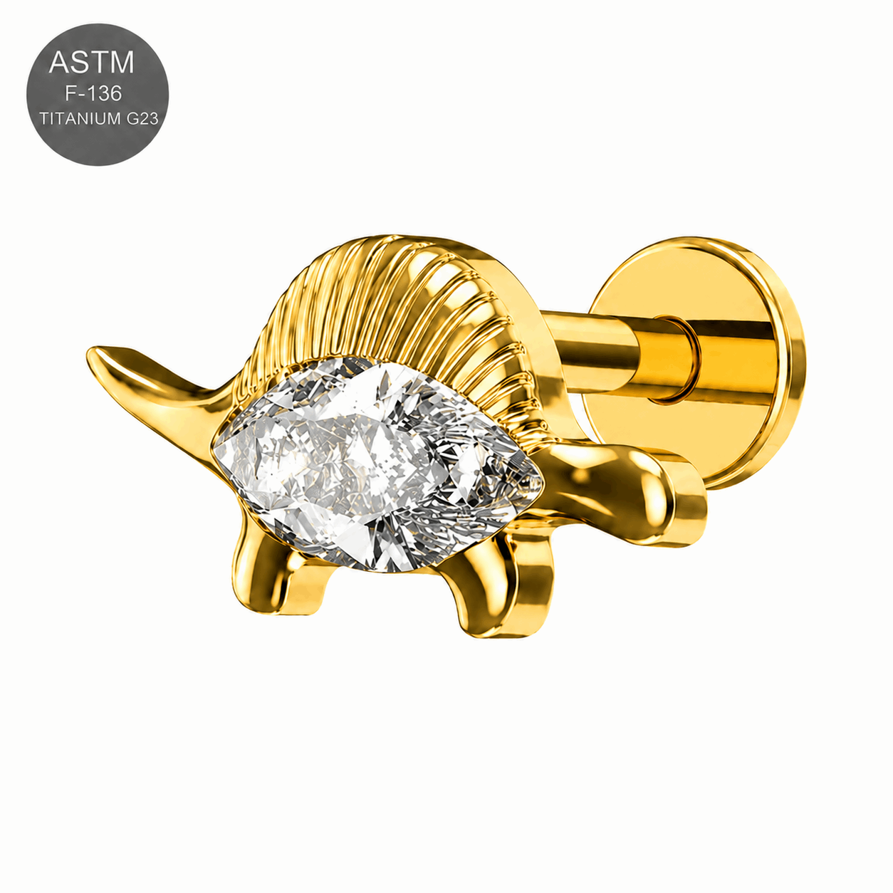 G23 Titanium CZ Stegosaurus Flat Back Labret Stud – Internally Threaded 16G (1.2mm)