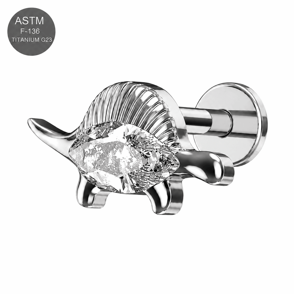G23 Titanium CZ Stegosaurus Flat Back Labret Stud – Internally Threaded 16G (1.2mm)