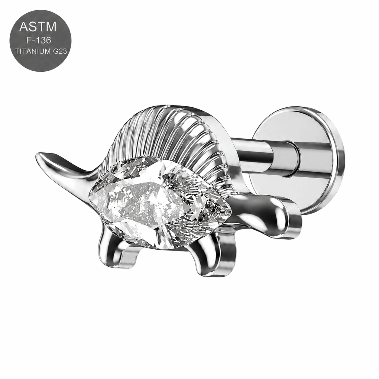 G23 Titanium CZ Stegosaurus Flat Back Labret Stud – Internally Threaded 16G (1.2mm)