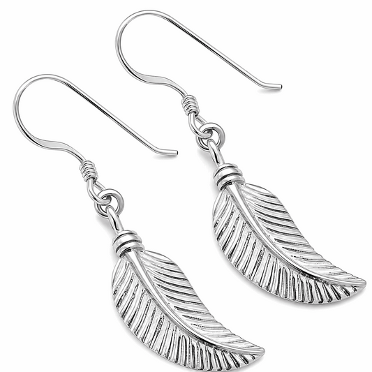925 Sterling Silver Linear Leaf Fish Hook Earrings – Pair