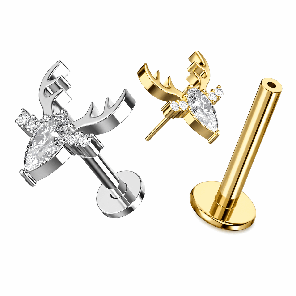Titanium Clear Jeweled Deer Threadless Labret Stud – 16G (1.2mm)