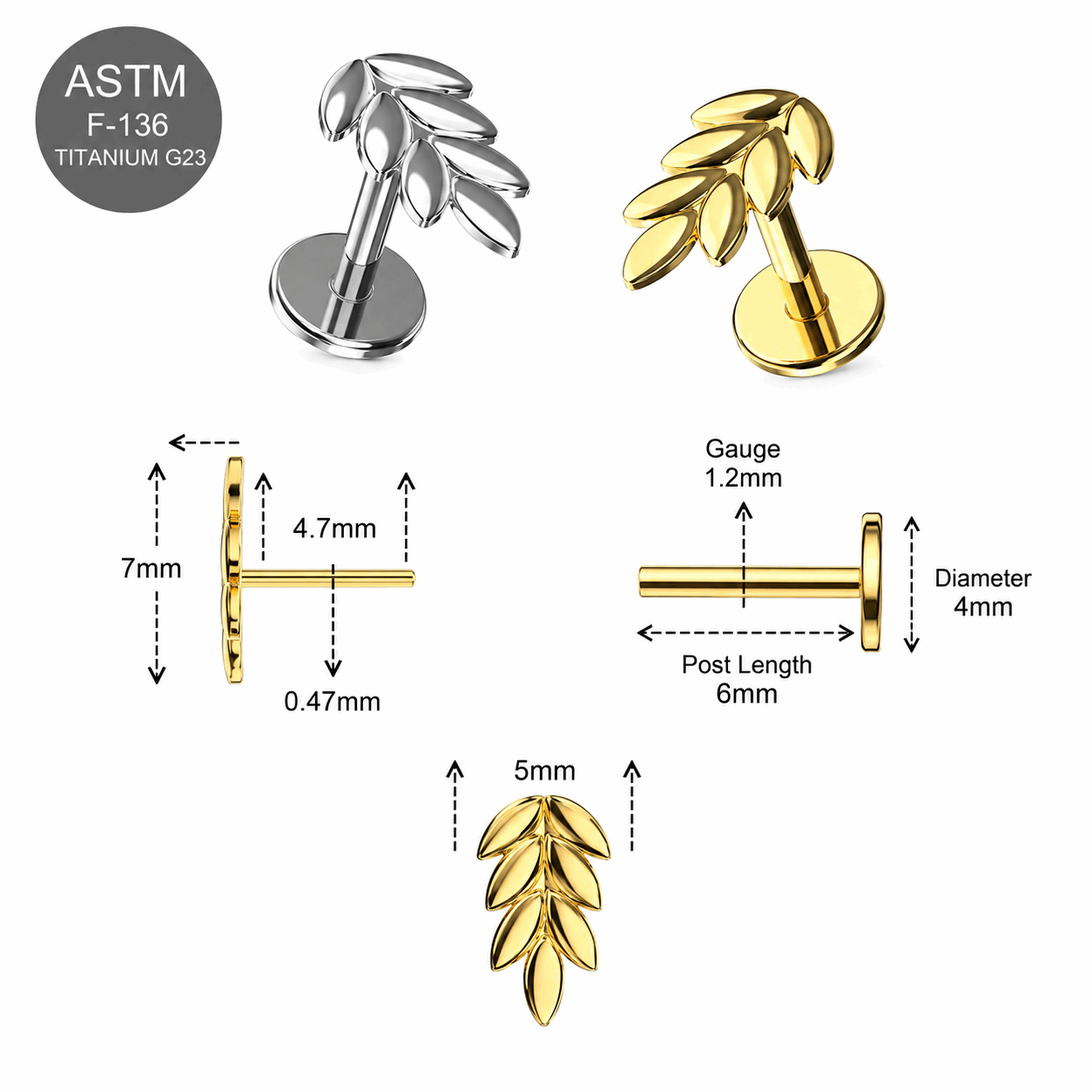 Titanium Wheat Sheaf Threadless Flat Back Labret Stud – 16G (1.2mm)