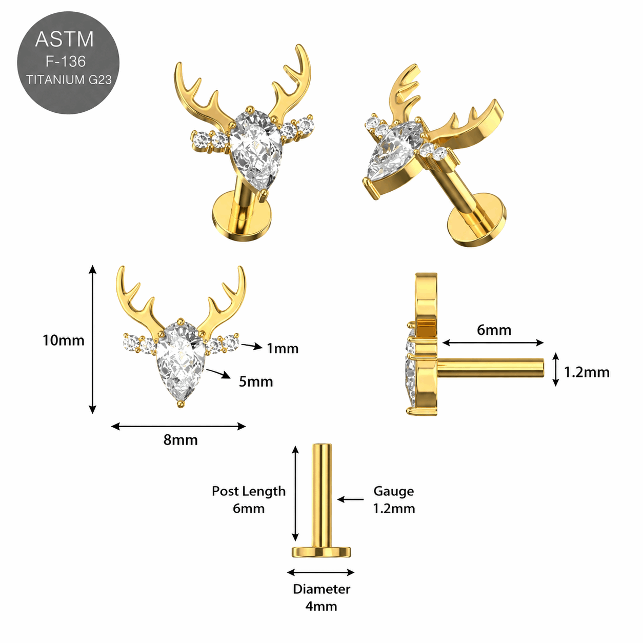 Titanium Clear Jeweled Deer Threadless Labret Stud – 16G (1.2mm)