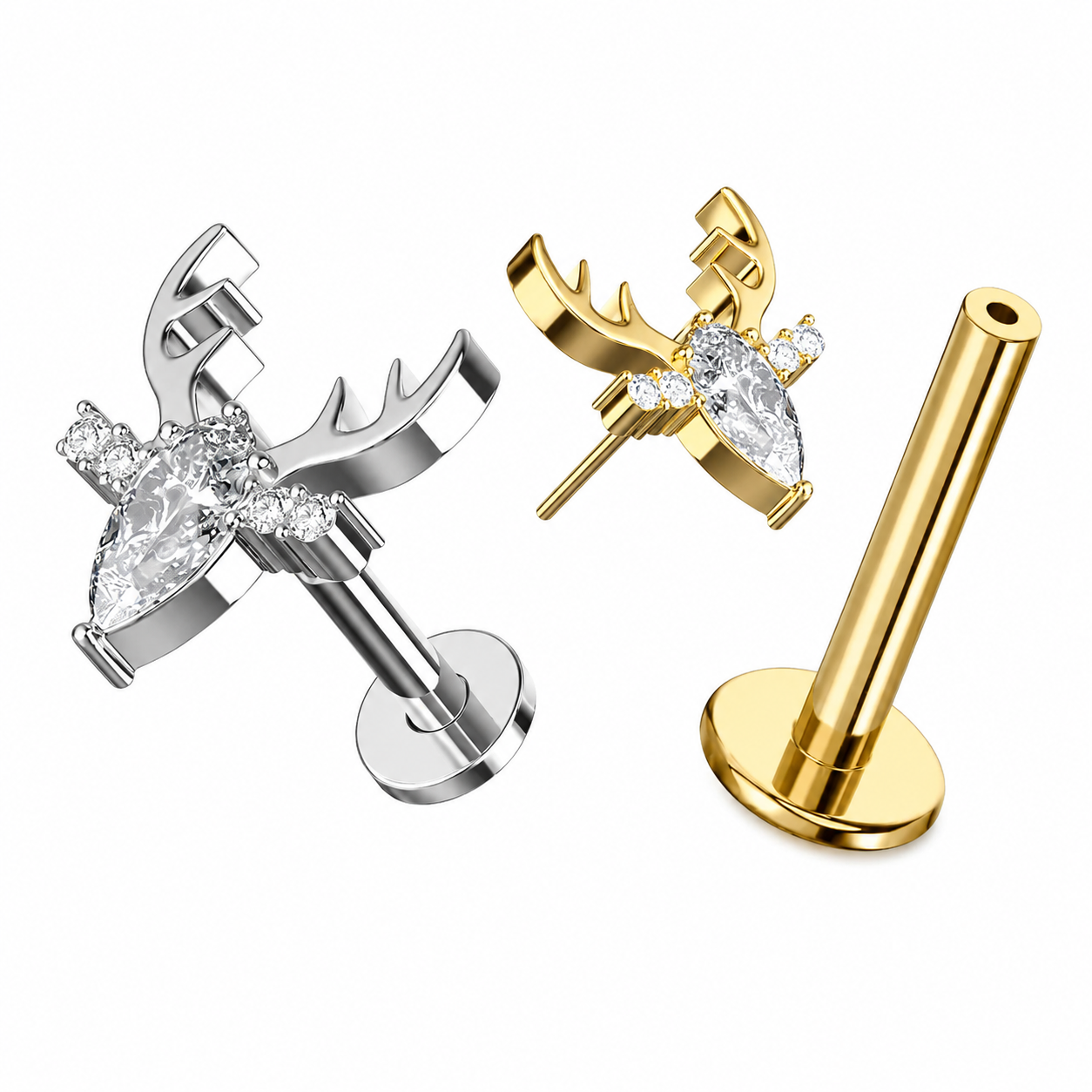 Titanium Clear Jeweled Deer Threadless Labret Stud – 16G (1.2mm)