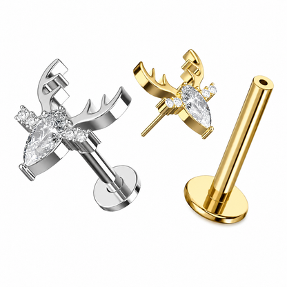 Titanium Clear Jeweled Deer Threadless Labret Stud – 16G (1.2mm)