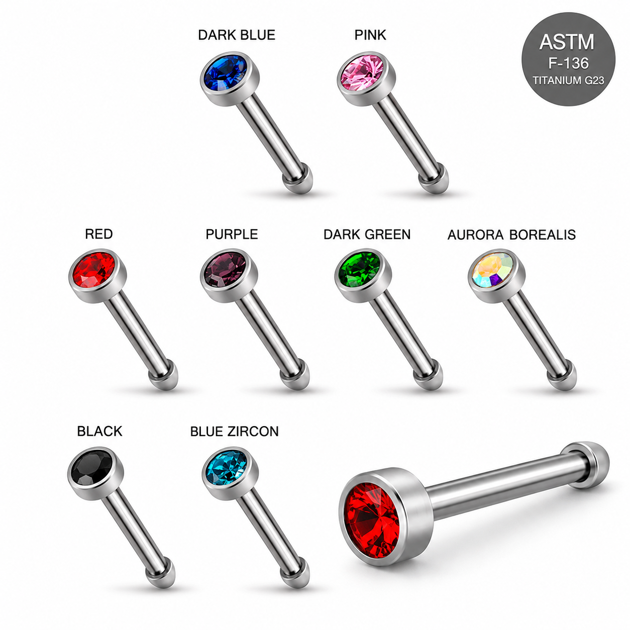 G23 Titanium Bezel Set CZ Nose Bone Stud – 20G (0.8mm) 7mm