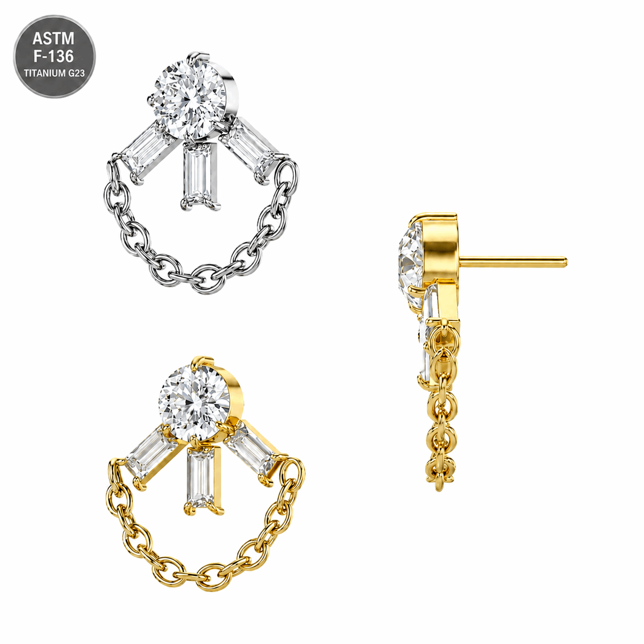 G23 Titanium CZ Linked Chain Threadless Pin Top – 18G & 16G Compatible