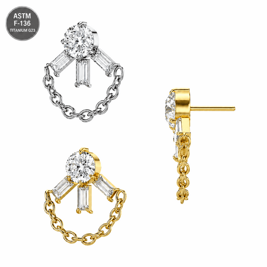 G23 Titanium CZ Linked Chain Threadless Pin Top – 18G & 16G Compatible