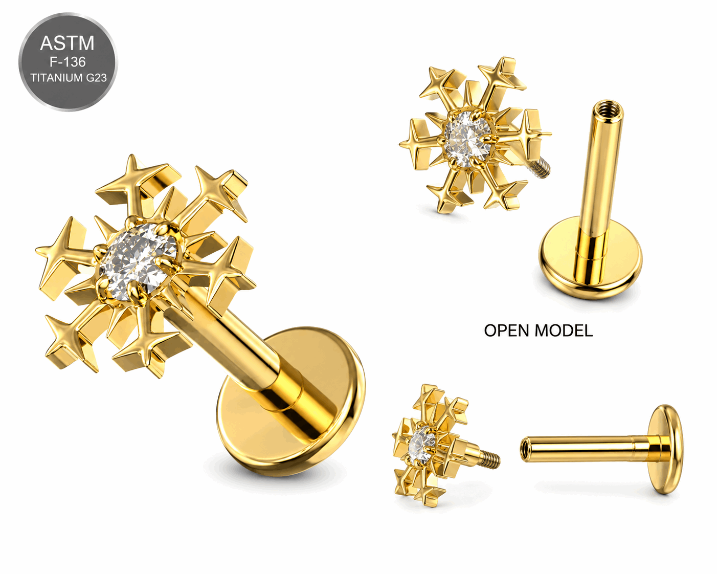 G23 Titanium Gold PVD Snowflake CZ Internally Threaded Labret – 16G (1.2mm) 8mm