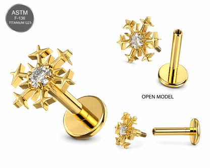 G23 Titanium Gold PVD Snowflake CZ Internally Threaded Labret – 16G (1.2mm) 8mm