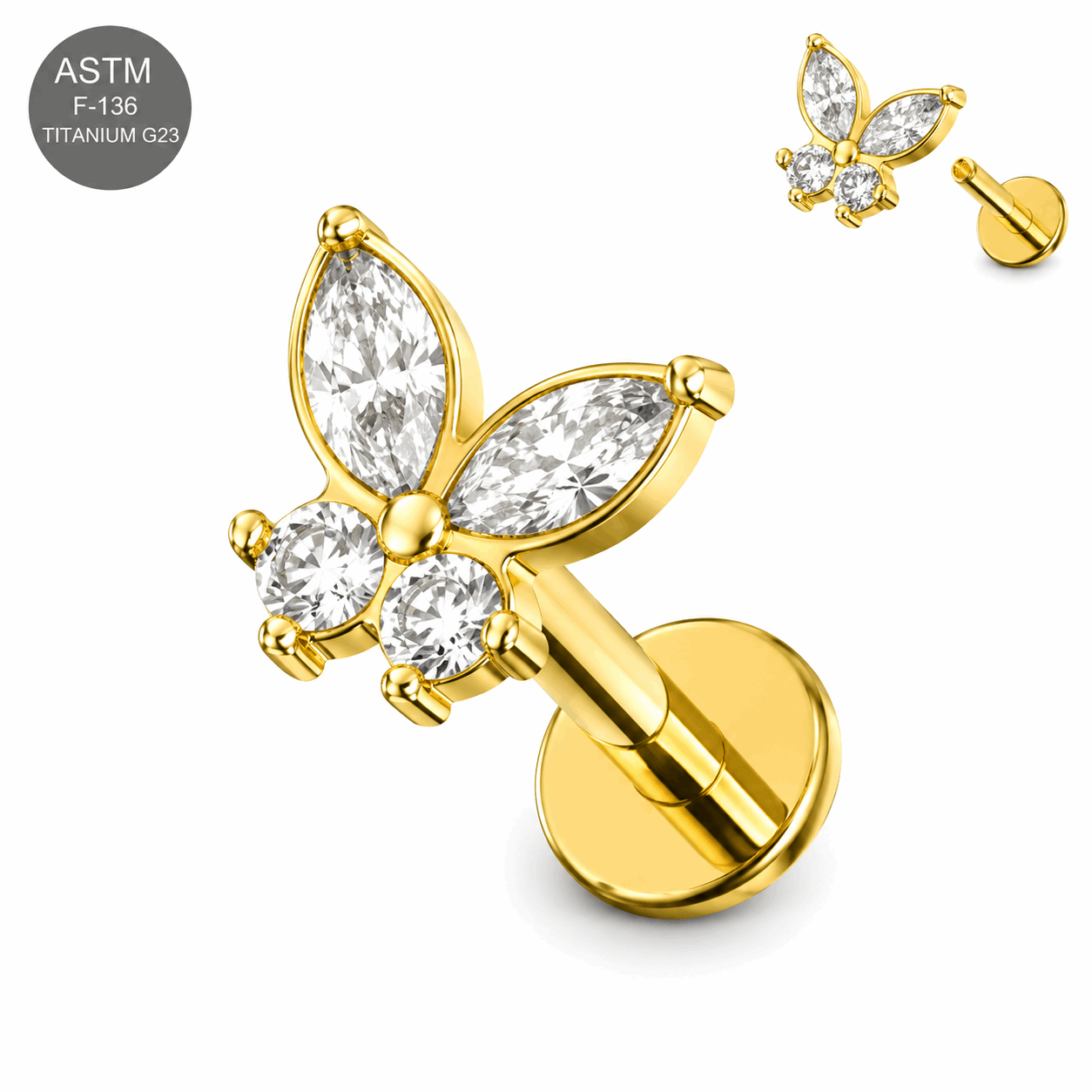 G23 Titanium Gold PVD Butterfly CZ Internally Threaded Labret – 16G (1.2mm)