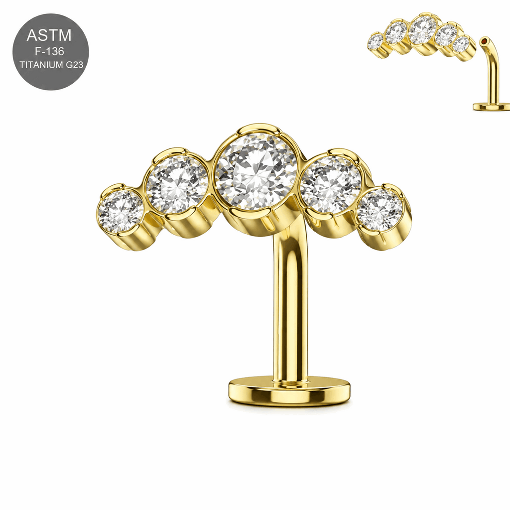 G23 Titanium Gold PVD Five CZ Threadless Floating Belly Button Ring – 14G (1.6mm)