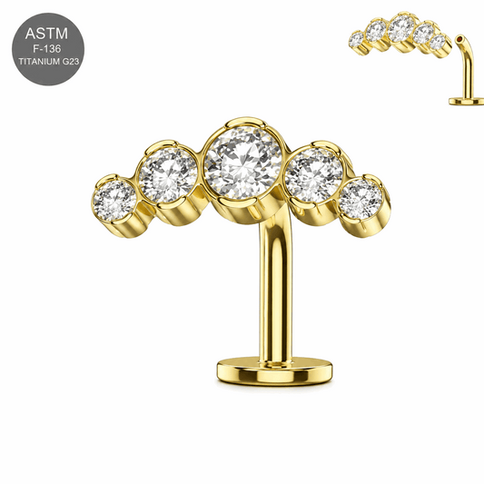 G23 Titanium Gold PVD Five CZ Threadless Floating Belly Button Ring – 14G (1.6mm)