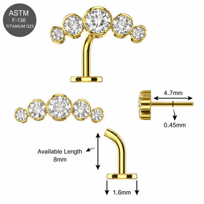 G23 Titanium Gold PVD Five CZ Threadless Floating Belly Button Ring – 14G (1.6mm)
