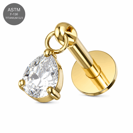 G23 Titanium Gold PVD Dangling Pear Drop Threadless Labret Stud – 16G (1.2mm)