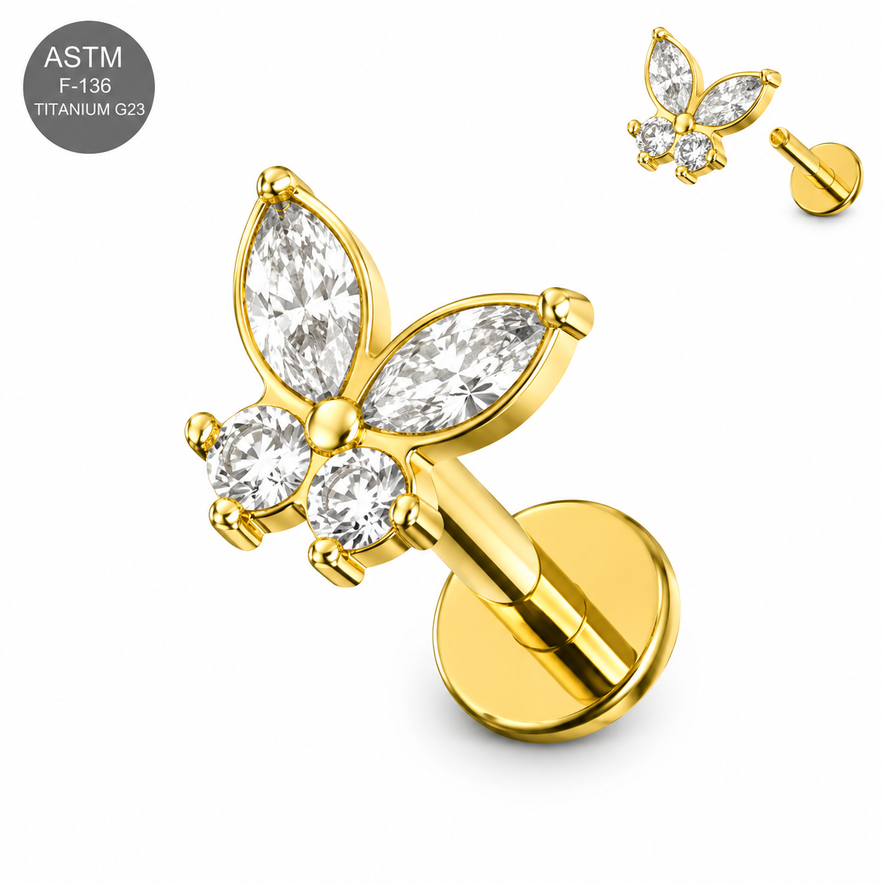 G23 Titanium Gold PVD Butterfly CZ Internally Threaded Labret – 16G (1.2mm)