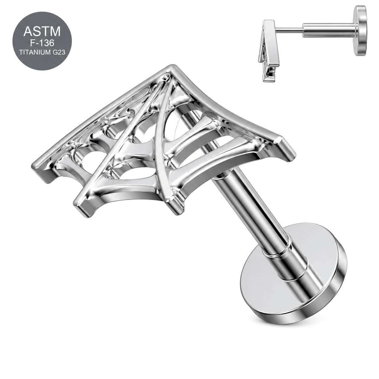 G23 Titanium Spiderweb Wing Threadless Labret Stud – 16G (1.2mm)
