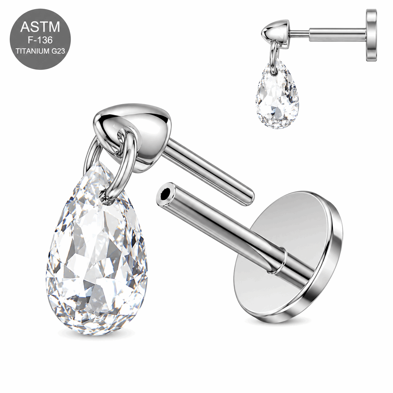 G23 Titanium Dangling Pear Cut CZ Threadless Labret Stud – 16G (1.2mm)
