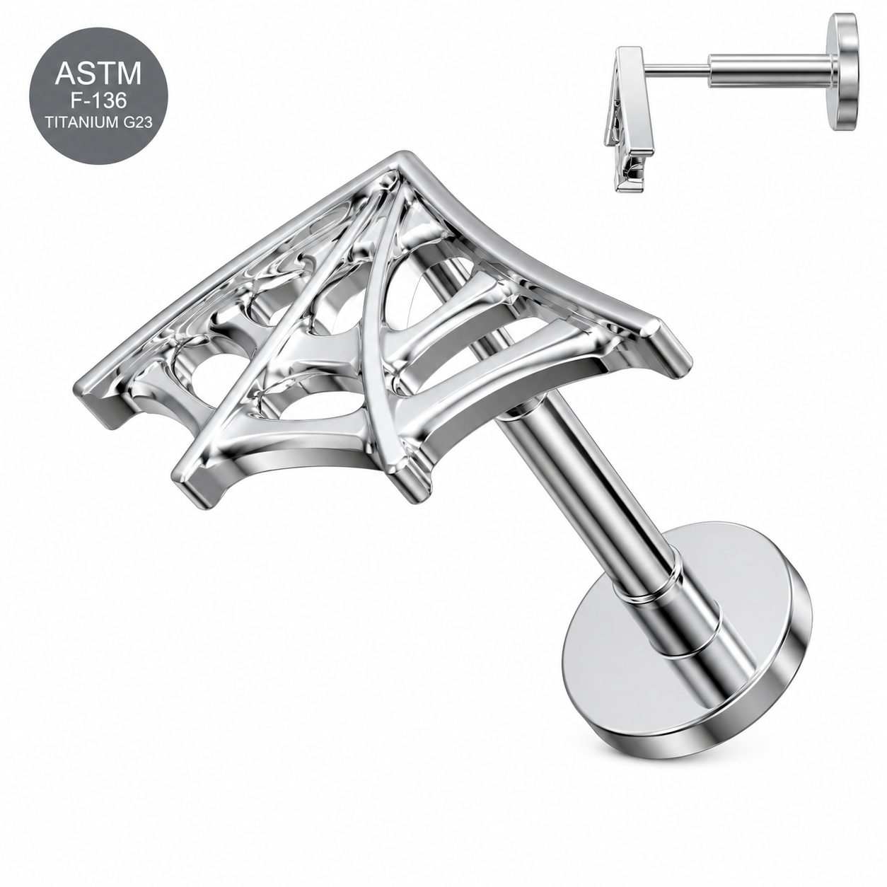 G23 Titanium Spiderweb Wing Threadless Labret Stud – 16G (1.2mm)