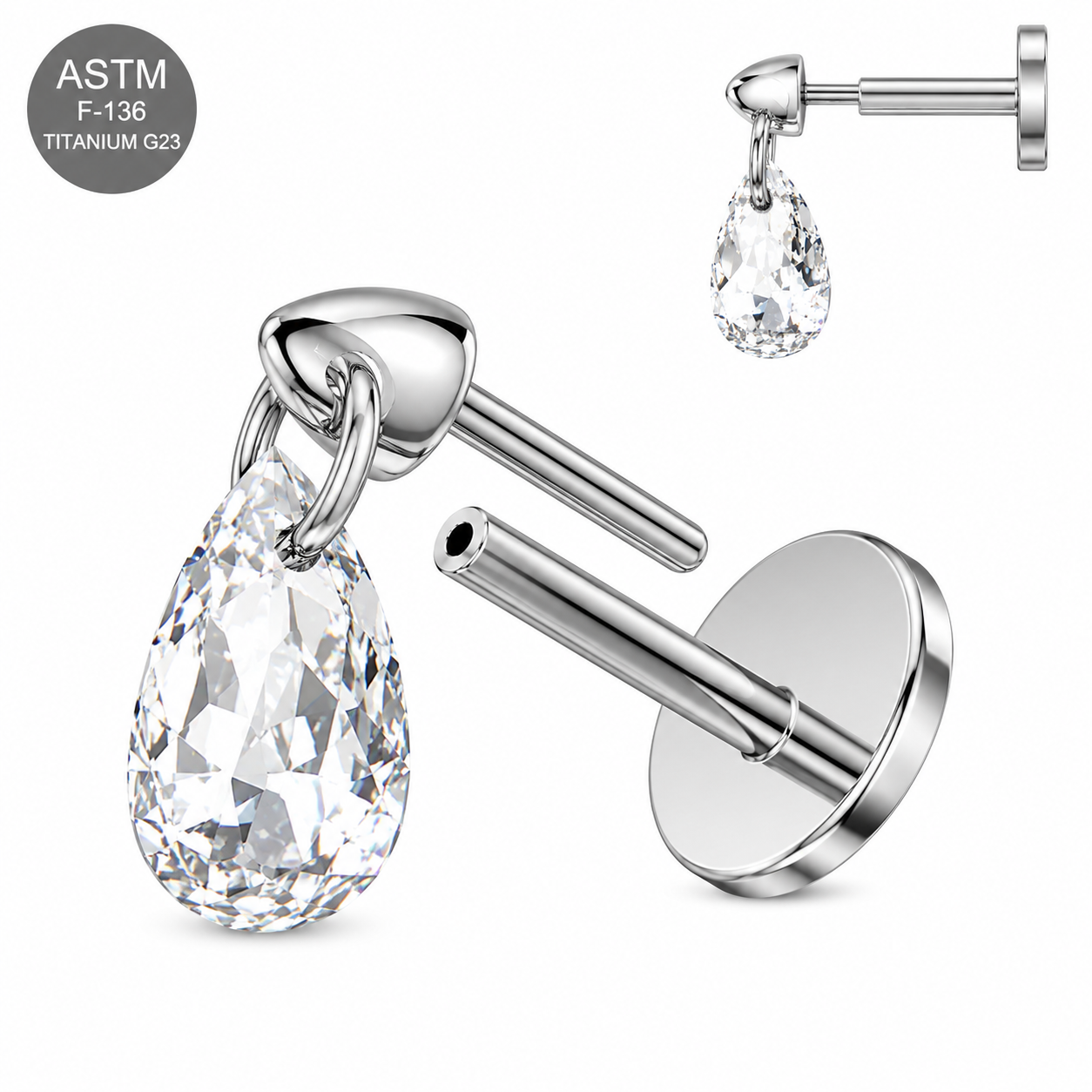 G23 Titanium Dangling Pear Cut CZ Threadless Labret Stud – 16G (1.2mm)