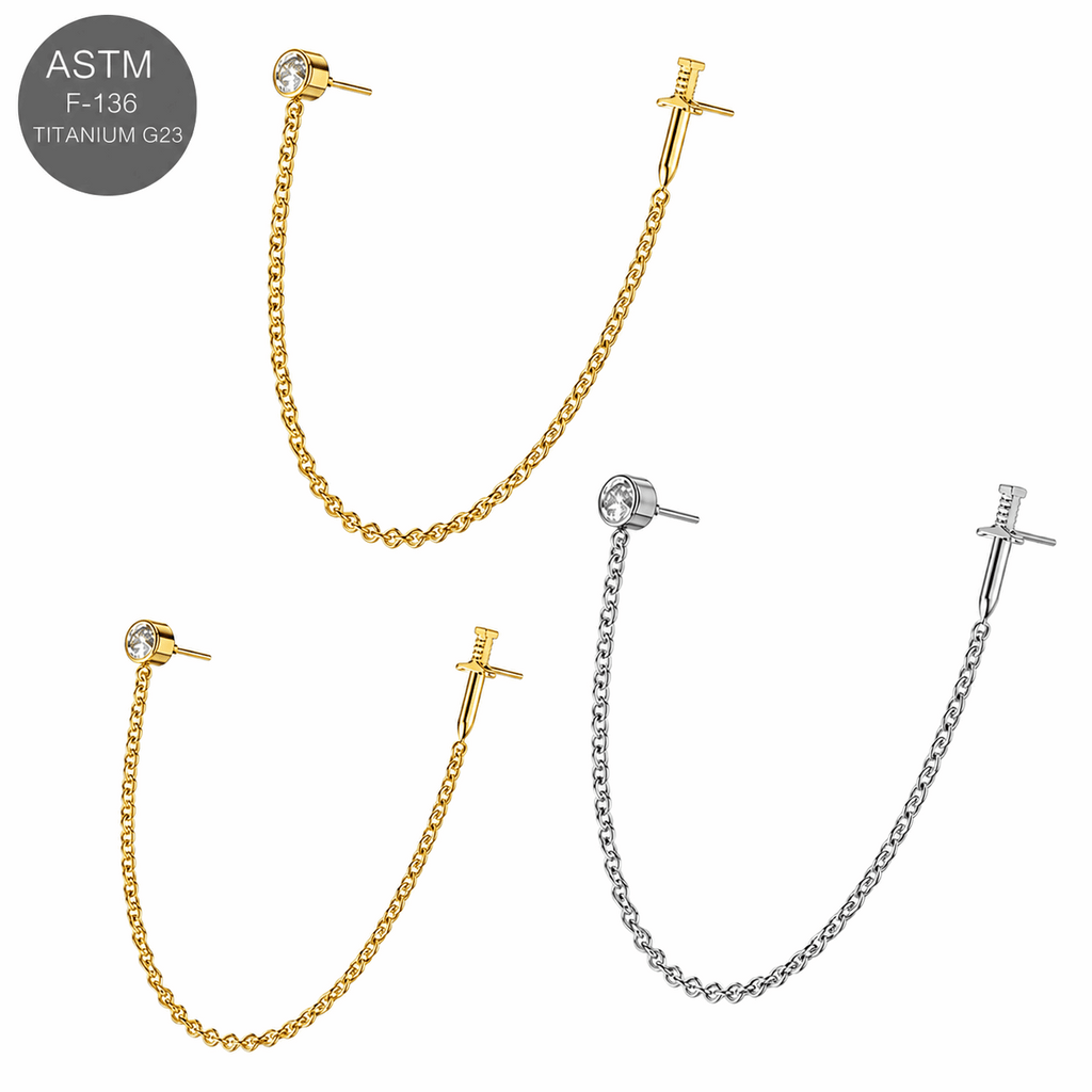 G23 Titanium Two Hole Round Dagger Piercing Chain Threadless Pin Top – 18G & 16G Compatible