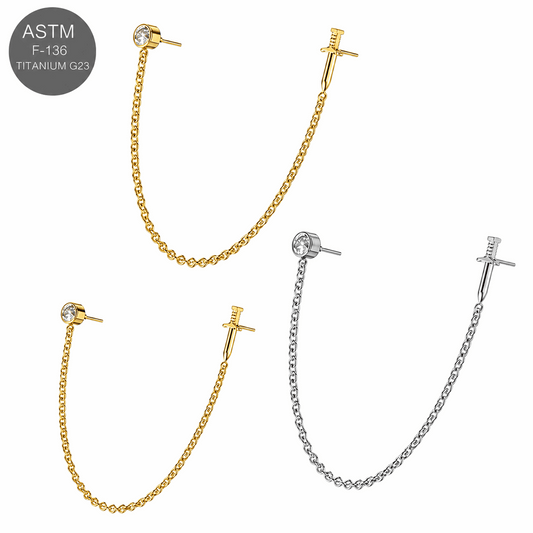 G23 Titanium Two Hole Round Dagger Piercing Chain Threadless Pin Top – 18G & 16G Compatible
