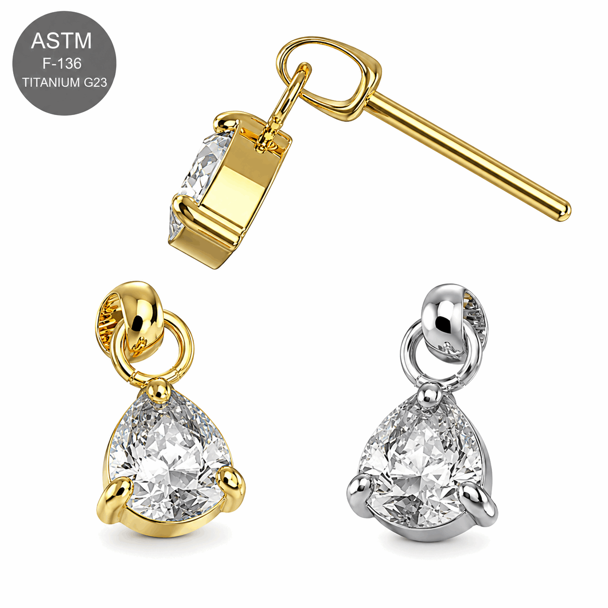 G23 Titanium Dangling Pear Drop Threadless Pin Top – 18G & 16G Compatible